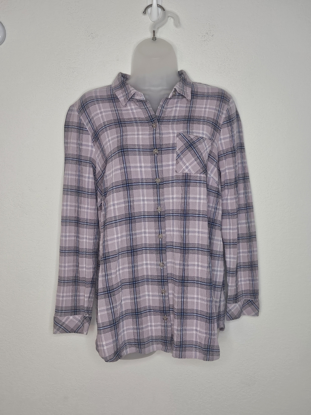 J. Jill Purple Plaid Cotton Gauze Long Sleeve Button Down Front Pocket Blouse M